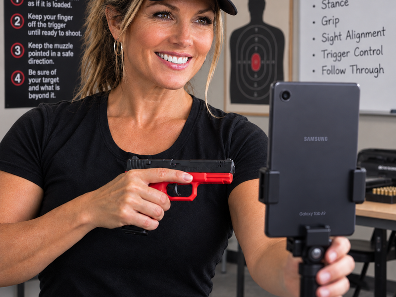 Dry-fire training pistol used in the classroom along with tablet providing instant feedback